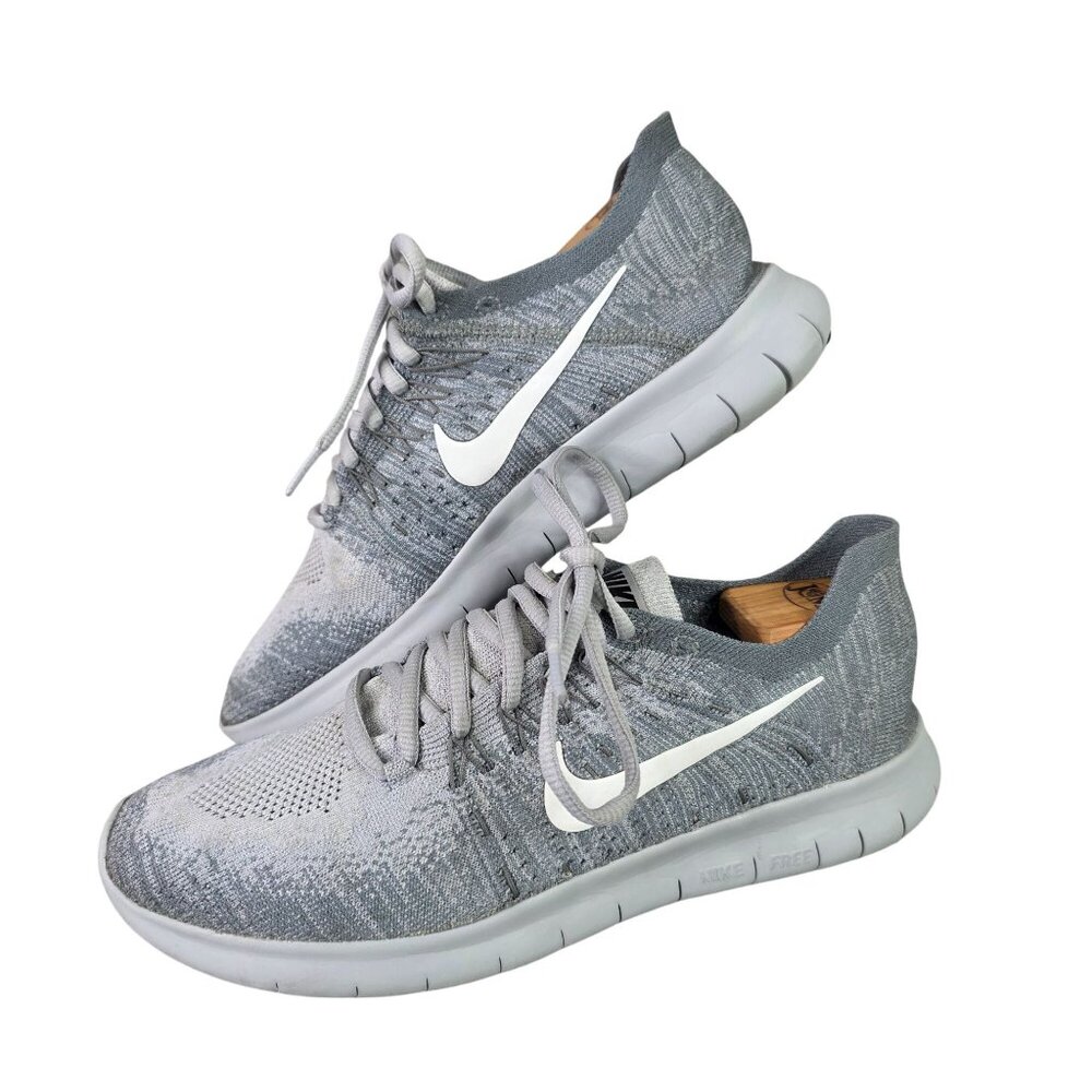 Womens Nike Free RN Flyknit Running Shoes Gray White Lightweight Flexible 10